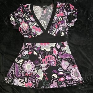 Iz Byer Black, Pink & Purple Paisley V-Neck Tunic